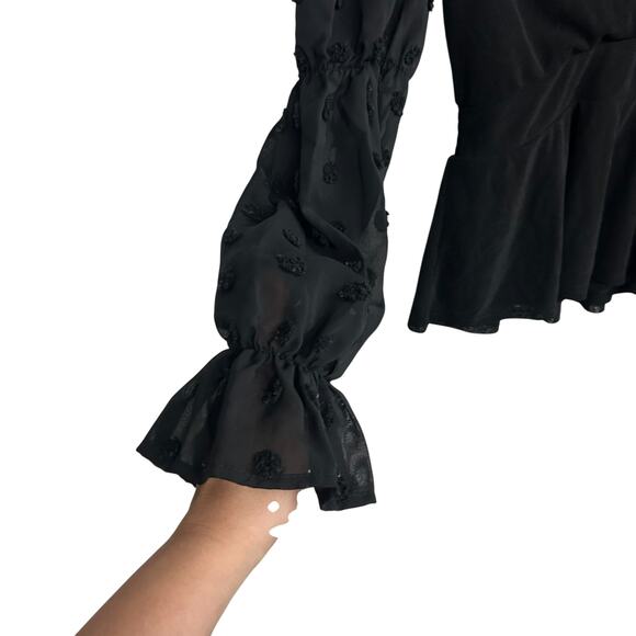 Romantic Layers Chiffon Sleeve Peplum Blouse Ember Black Dark Feminine Size M - Picture 2 of 6